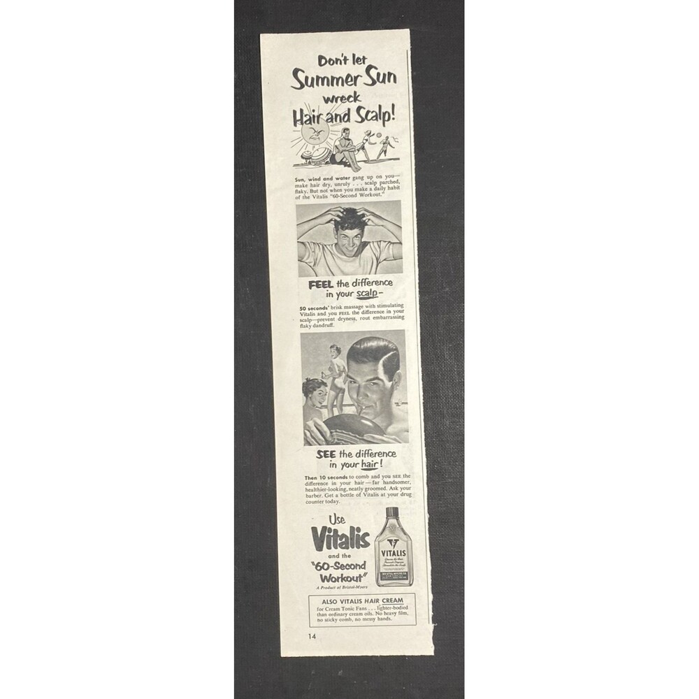 Vitalis "Don't let the sun wreck Hair & Scalp- 60 Second Workout" Print Ad 1951